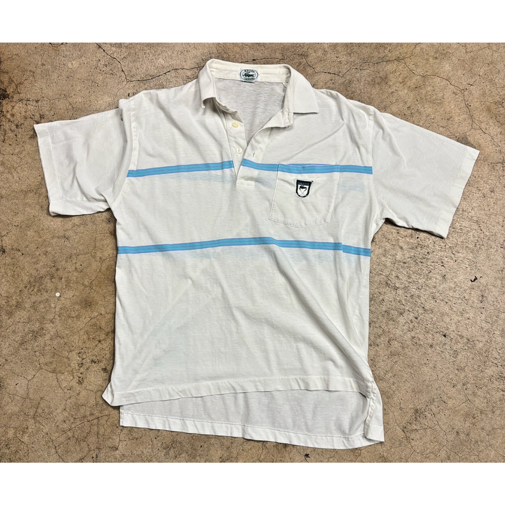 90's Vintage Izod Lacoste Polo Shirt Mens M White Blue Stripe Pocket Croc Logo
